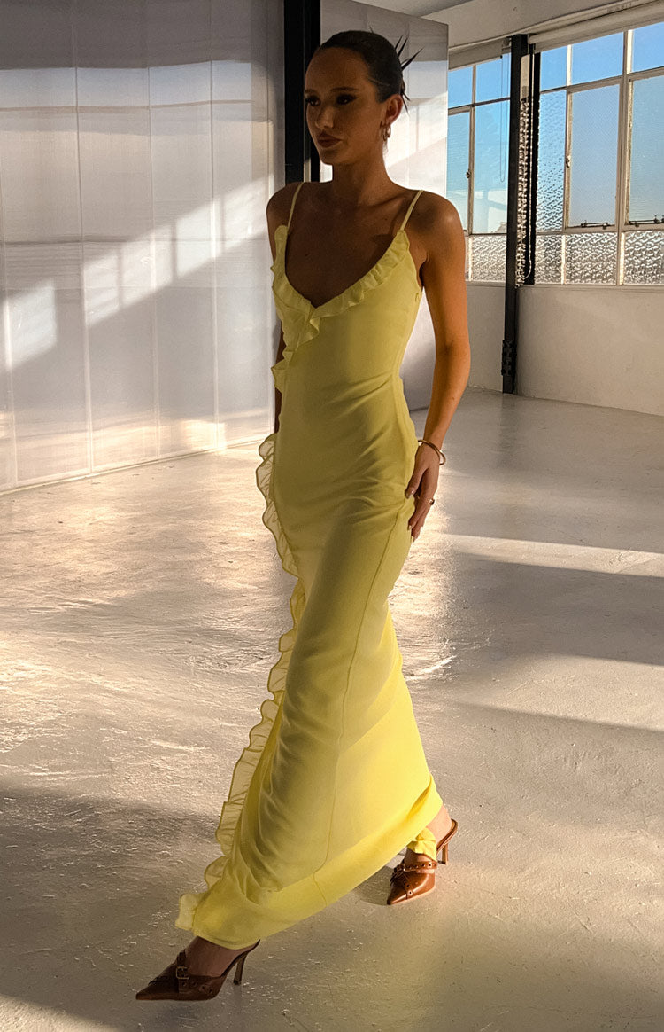 Shop Formal Dress - Nahanee Yellow Ruffle Maxi Dress fourth image