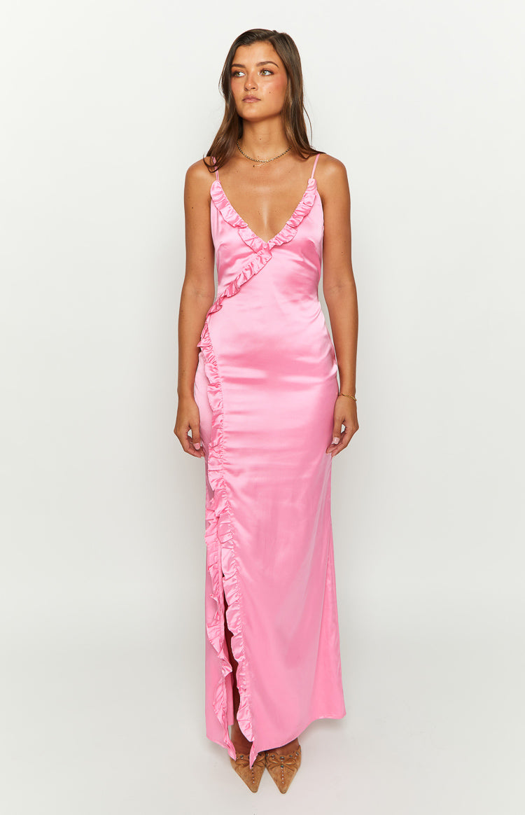 Shop Formal Dress - Nahanee Pink Satin Ruffle Maxi Dress sixth image