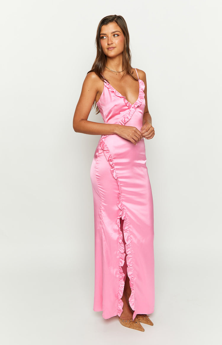 Shop Formal Dress - Nahanee Pink Satin Ruffle Maxi Dress secondary image