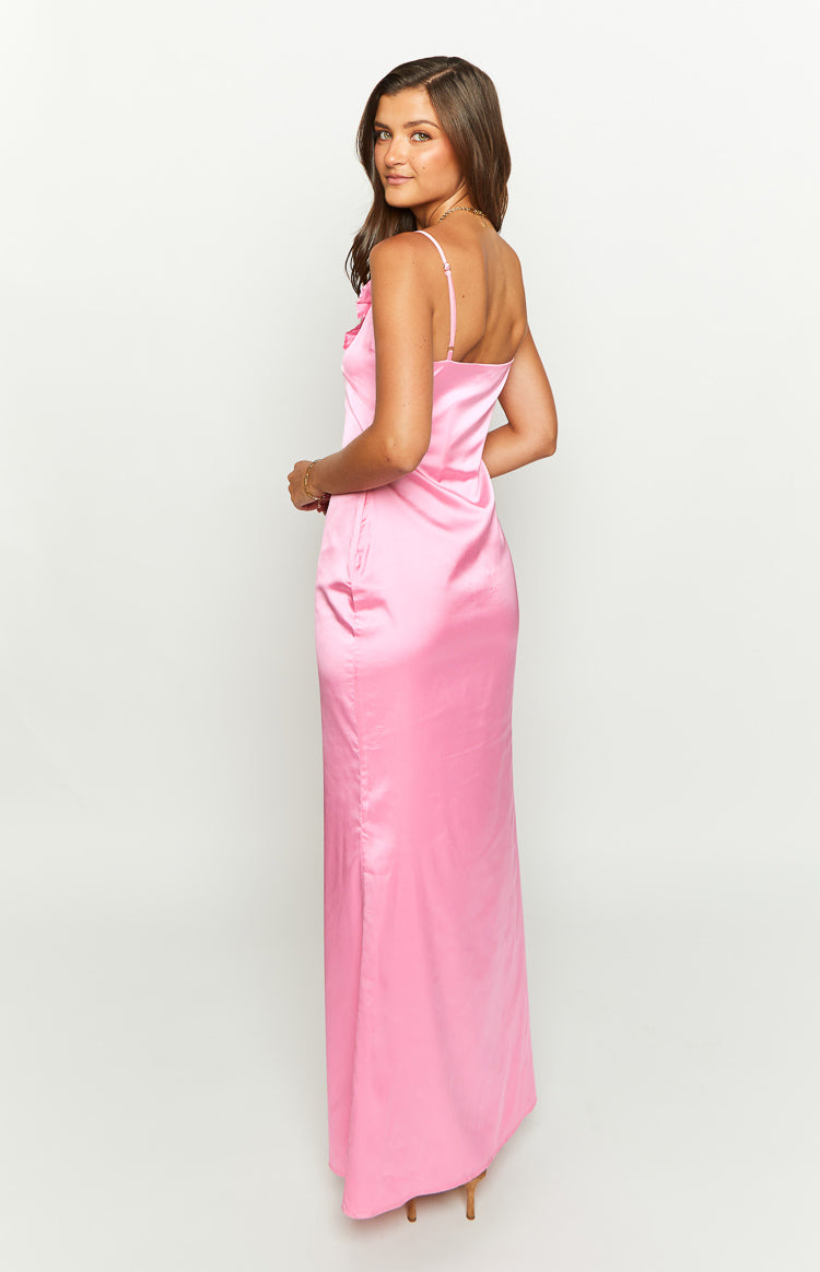 Shop Formal Dress - Nahanee Pink Satin Ruffle Maxi Dress third image