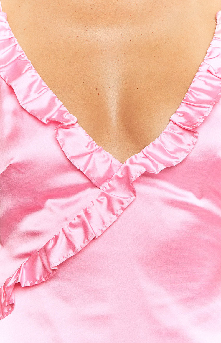 Shop Formal Dress - Nahanee Pink Satin Ruffle Maxi Dress fourth image