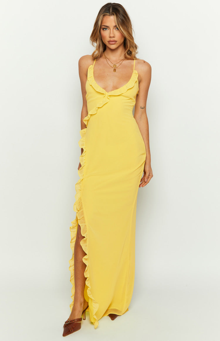 Shop Formal Dress - Nahanee Yellow Ruffle Maxi Dress sixth image