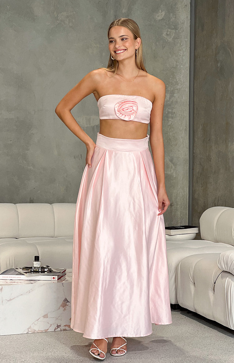 Nakiyah Pink Satin High Waisted Maxi Skirt Image