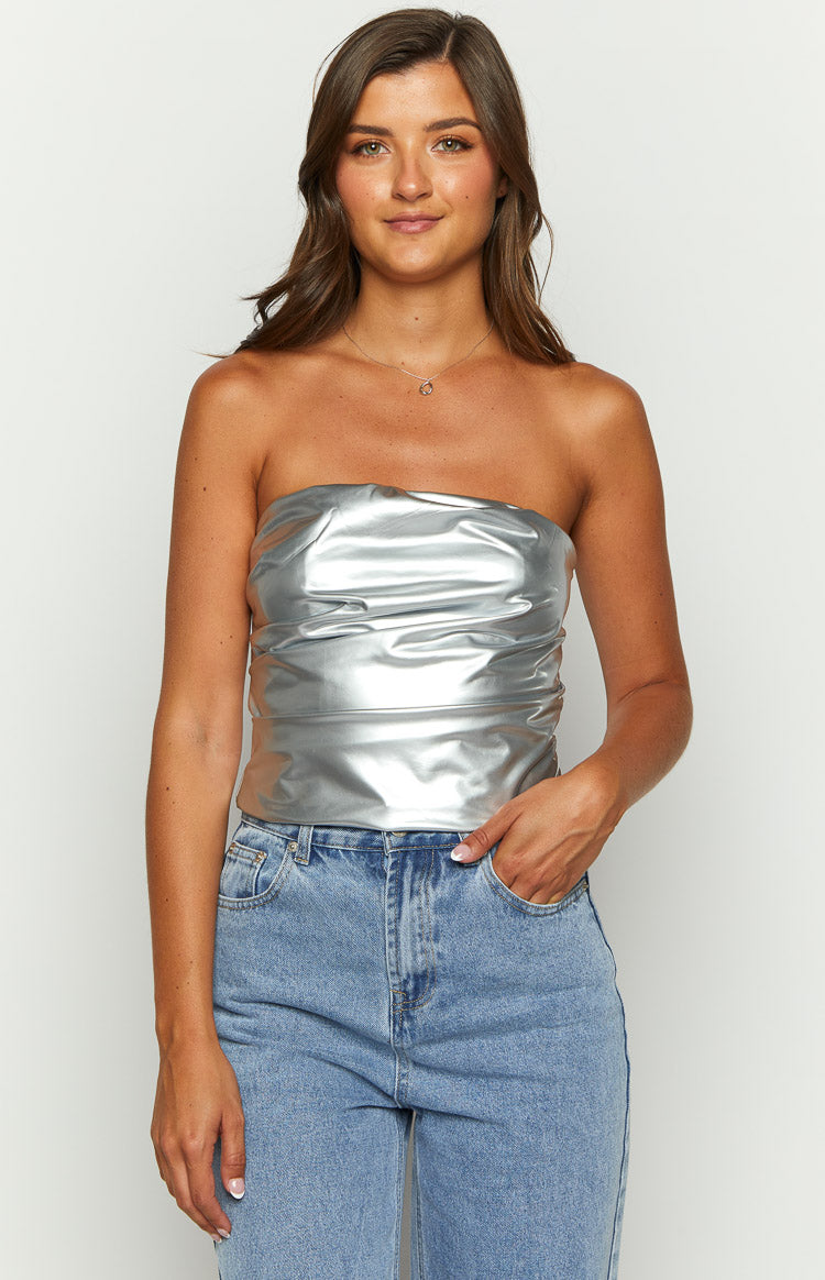 Never There Silver Metallic Strapless Top Image