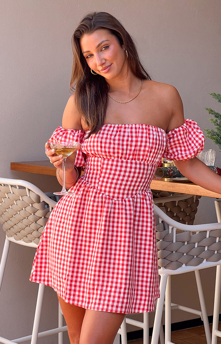 Love Lost Off The Shoulder Red Gingham Mini Dress Image