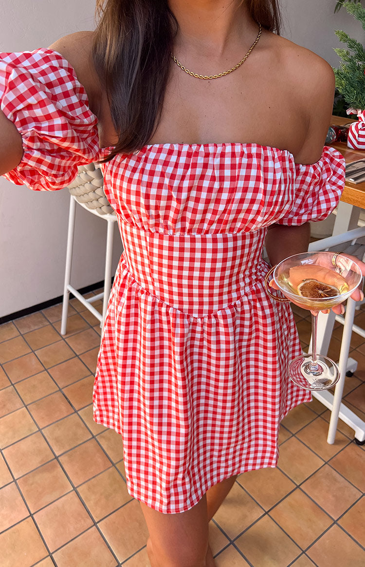 Love Lost Off The Shoulder Red Gingham Mini Dress Image