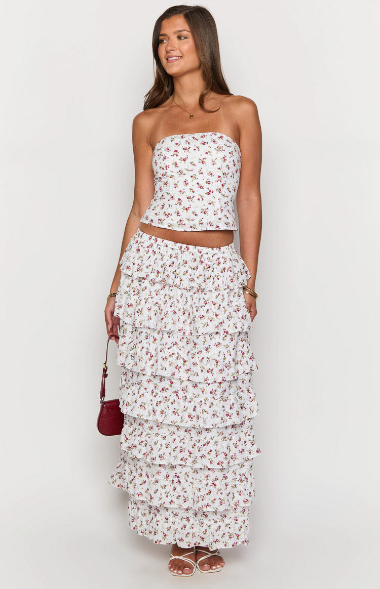 Paisley White Floral Ruffle Maxi Skirt Image