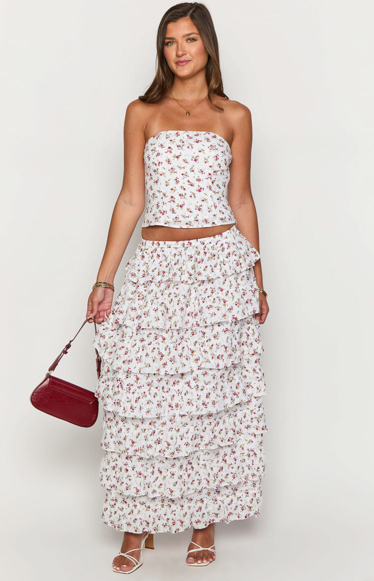 Paisley White Floral Ruffle Maxi Skirt Image