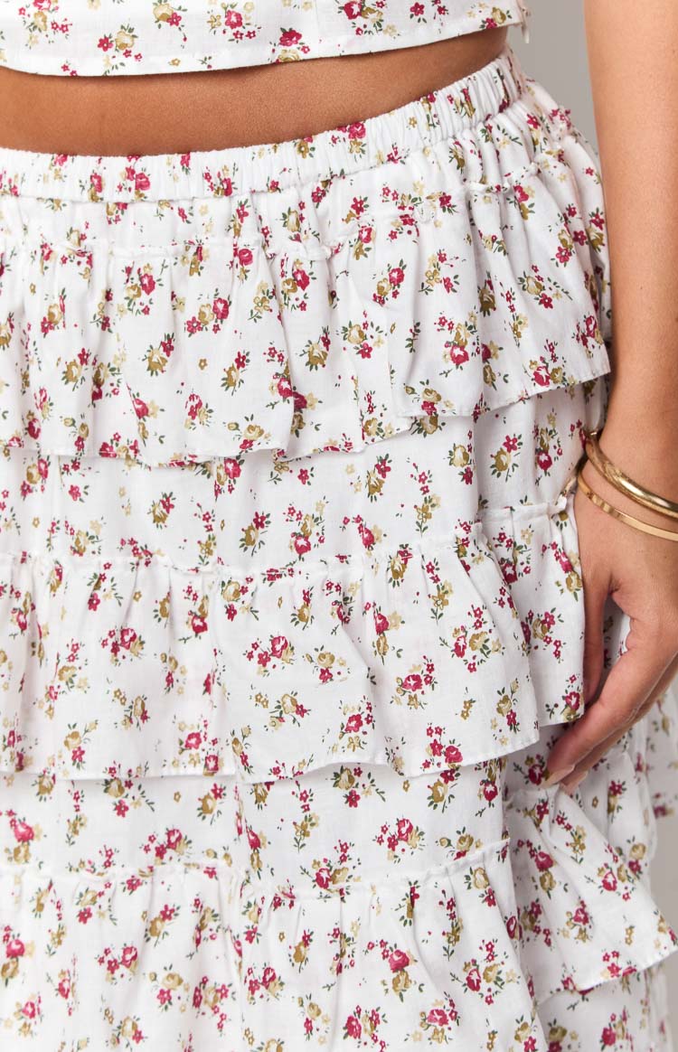 Paisley White Floral Ruffle Maxi Skirt Image