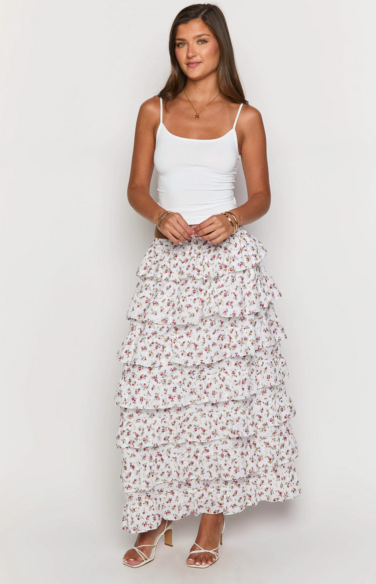 Paisley White Floral Ruffle Maxi Skirt Image