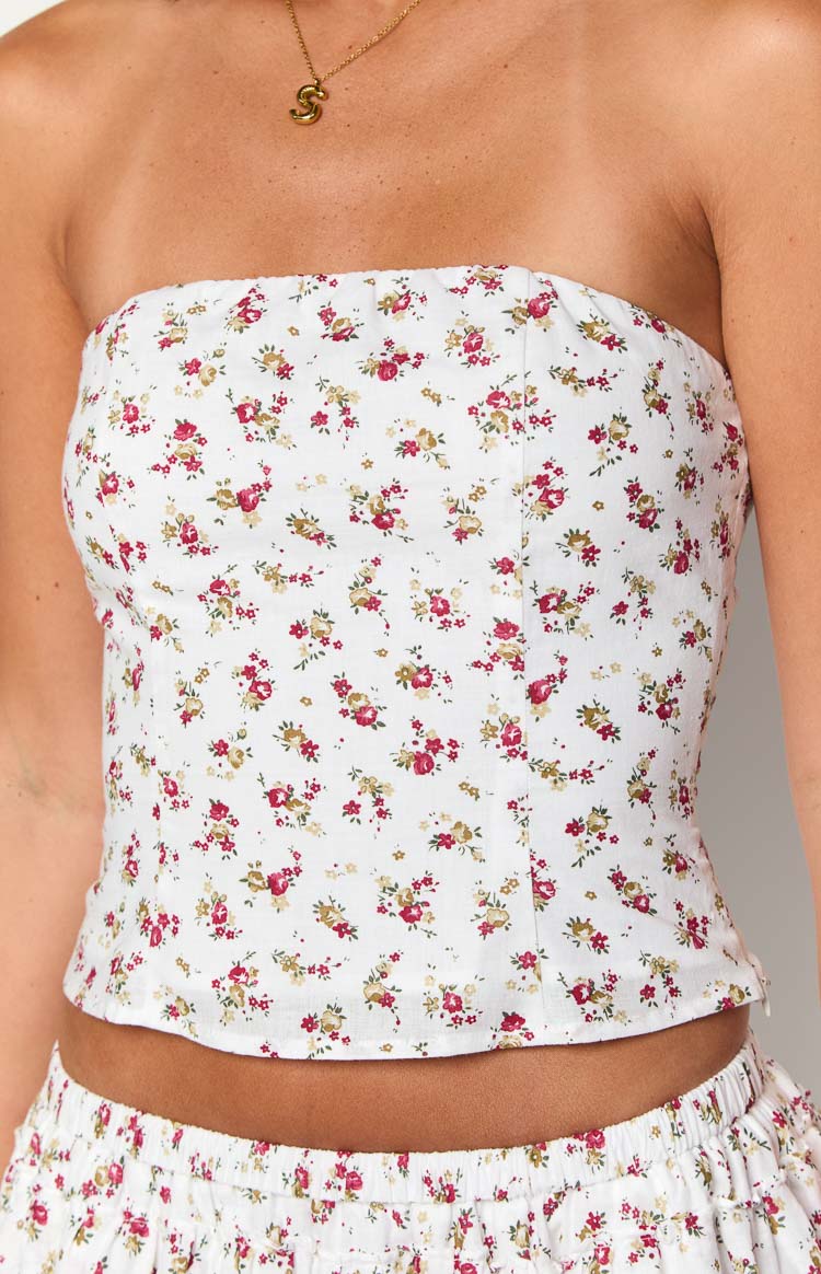 Paisley White Floral Strapless Top Image