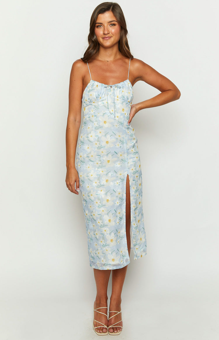 Paloma Blue Floral Midi Dress – Beginning Boutique