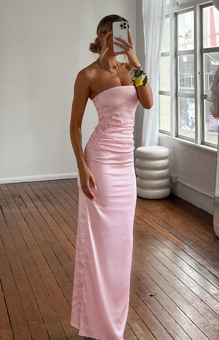 Shop Formal Dress - Pink Bloom Satin Strapless Maxi Dress fourth image