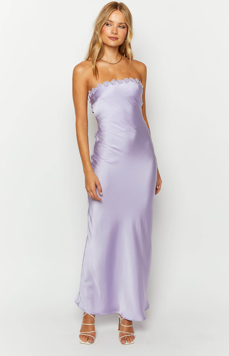 Shop Formal Dress - Rhea Purple Satin Strapless Maxi Dress sixth image