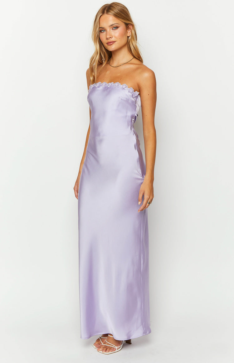 Shop Formal Dress - Rhea Purple Satin Strapless Maxi Dress third image