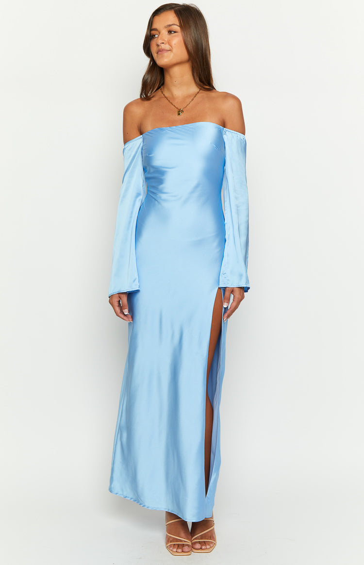 Shop Formal Dress - Shae Blue Satin Long Sleeve Maxi Dress sixth image