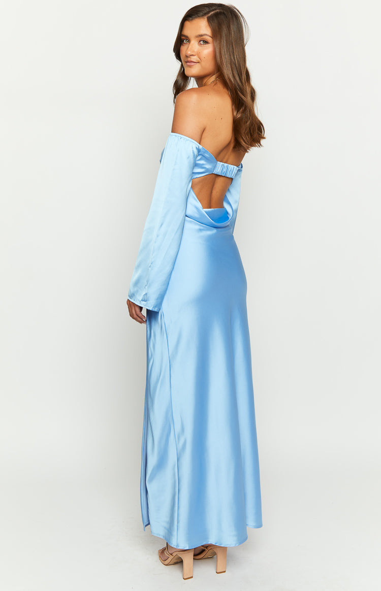 Shop Formal Dress - Shae Blue Satin Long Sleeve Maxi Dress third image