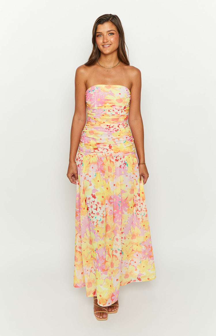 Shop Formal Dress - Sinclair Yellow Floral Print Strapless Maxi Dress sixth image