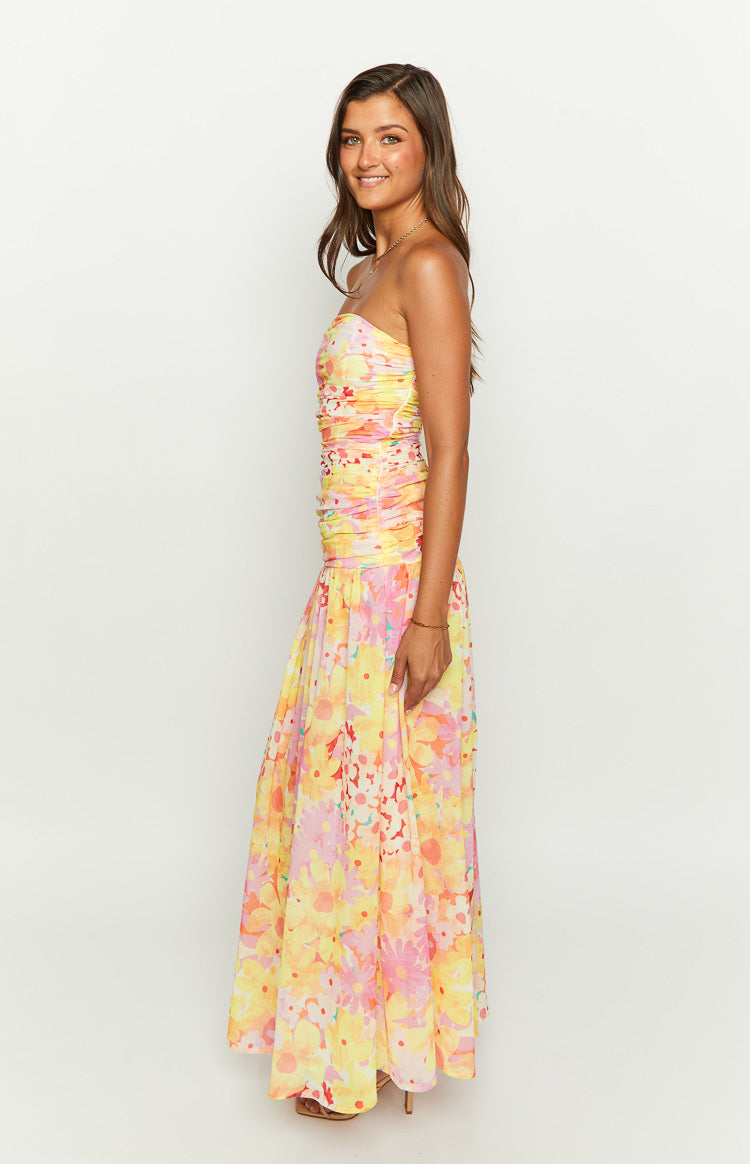 Shop Formal Dress - Sinclair Yellow Floral Print Strapless Maxi Dress featured image