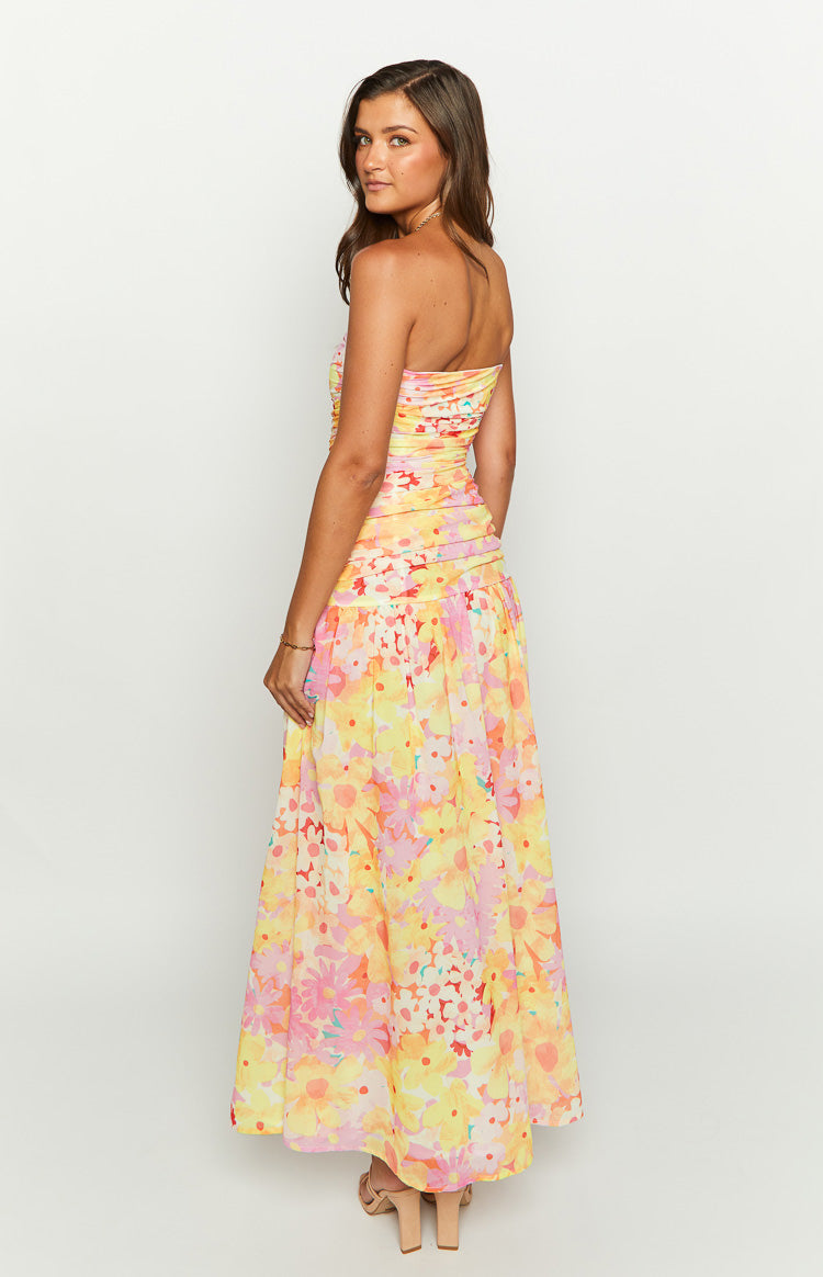 Shop Formal Dress - Sinclair Yellow Floral Print Strapless Maxi Dress third image