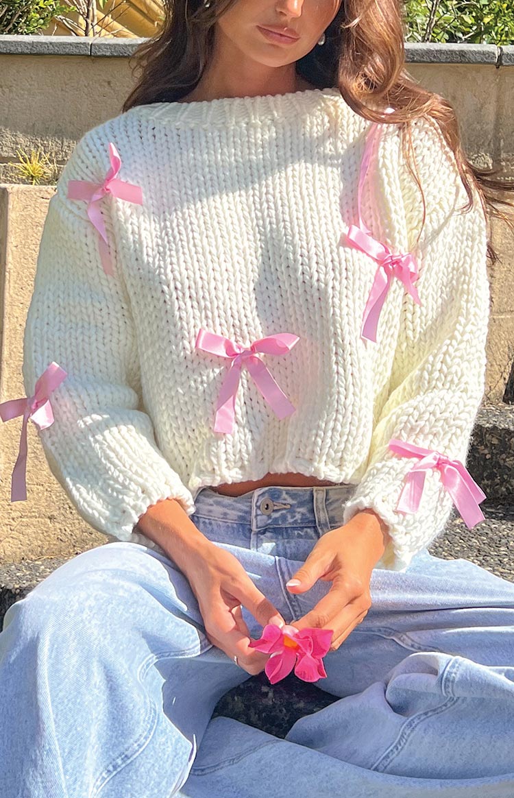 Sweetheart Stitch Bow White Sweater Sale