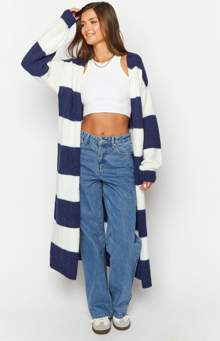 Thaddeus Blue And White Striped Knit Cardigan Image