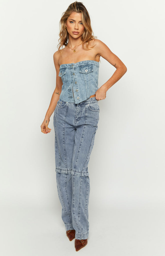 Wilma Mid Wash Denim Button Top – Beginning Boutique