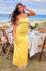 Yellow Bloom Satin Strapless Maxi Dress Image