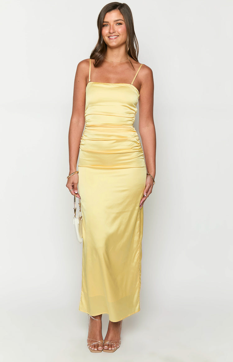 Yellow Bloom Satin Strapless Maxi Dress Image