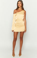 Singer Yellow Satin One Shoulder Mini Dress Image