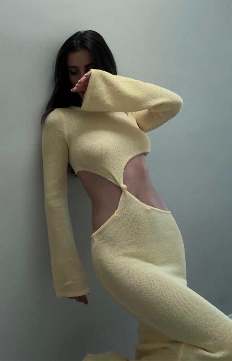Shop Formal Dress - Arya Yellow Long Sleeve Knit Maxi Dress secondary image