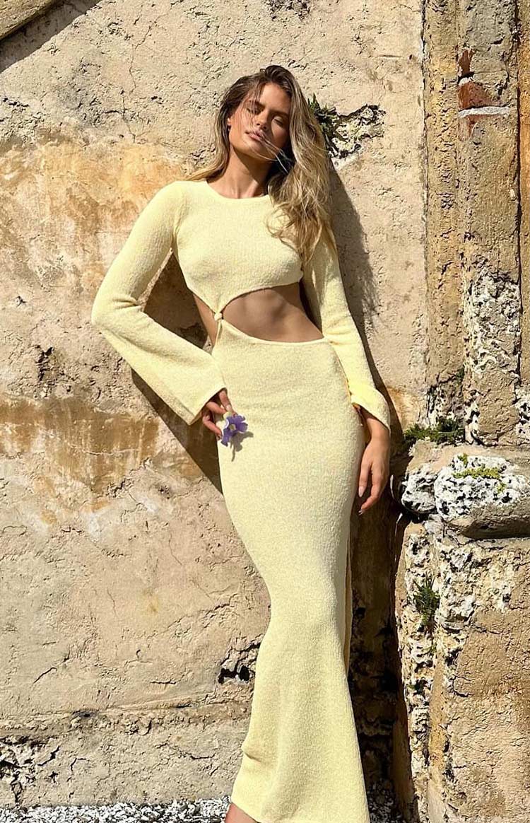 Shop Formal Dress - Arya Yellow Long Sleeve Knit Maxi Dress third image