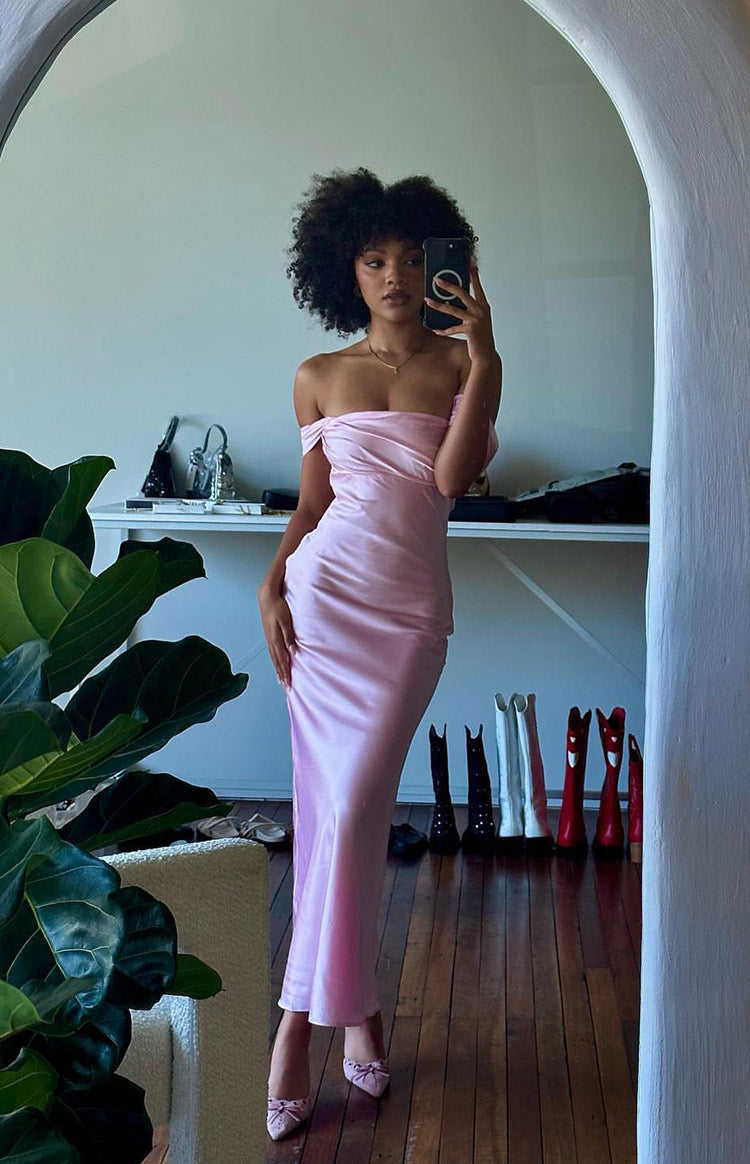 Shop Formal Dress - Ella Light Pink Off Shoulder Formal Maxi Dress third image