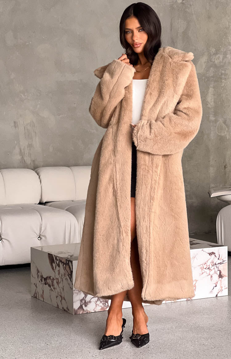 Lyrae Brown Full Length Faux Fur Coat Image