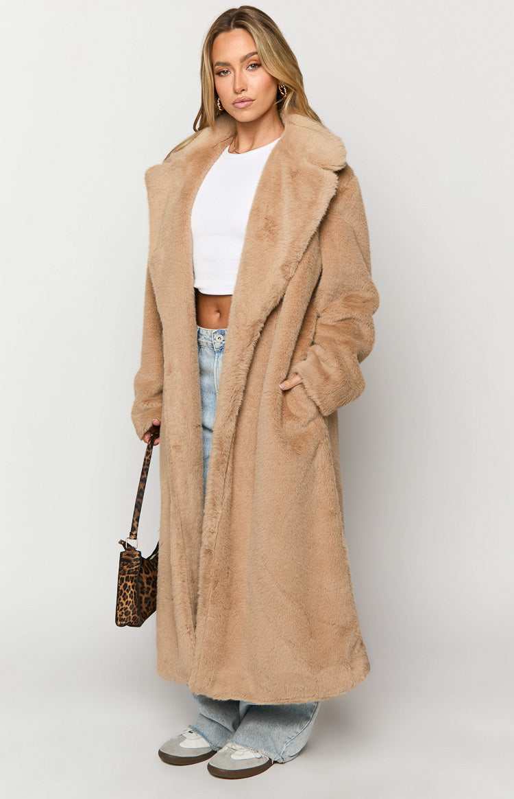 Lyrae Brown Full Length Faux Fur Coat Beginning Boutique