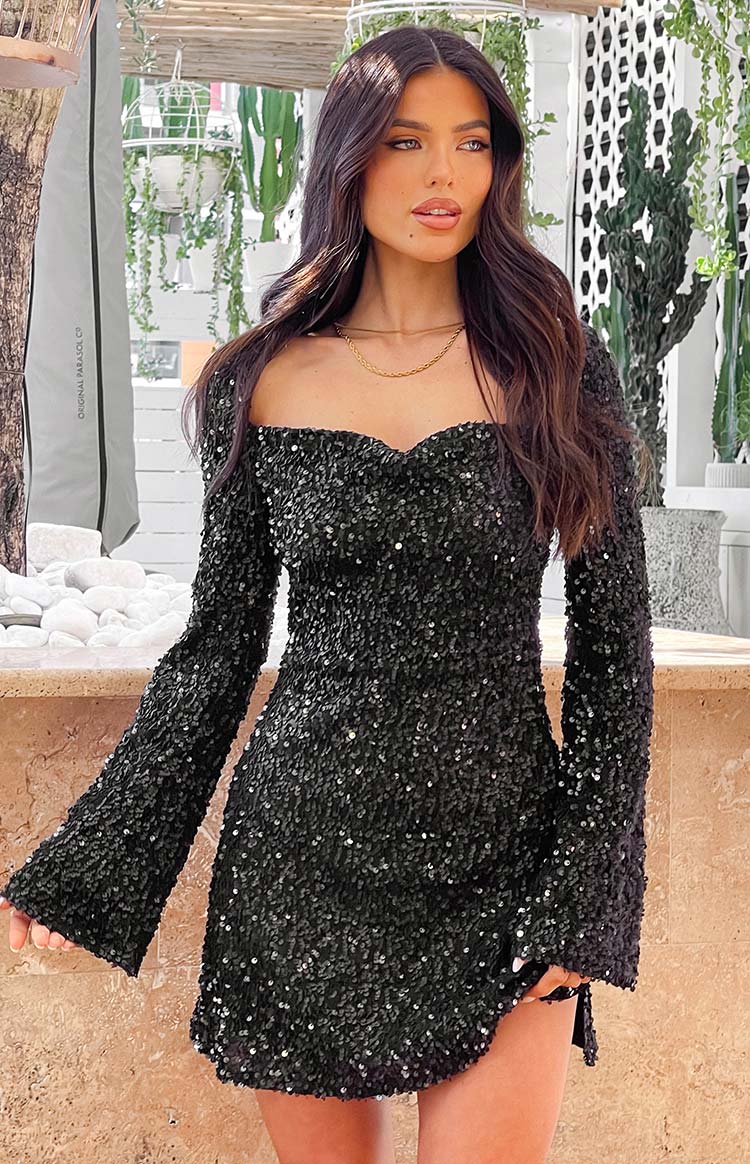 Marienne Black Sequin Long Sleeve Mini Dress Image