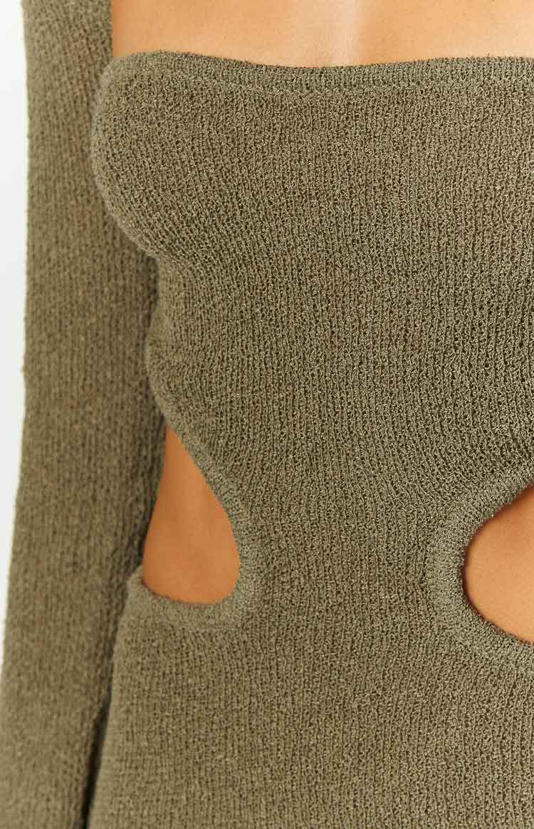 Alba Khaki Long Sleeve Knit Midi Dress Image