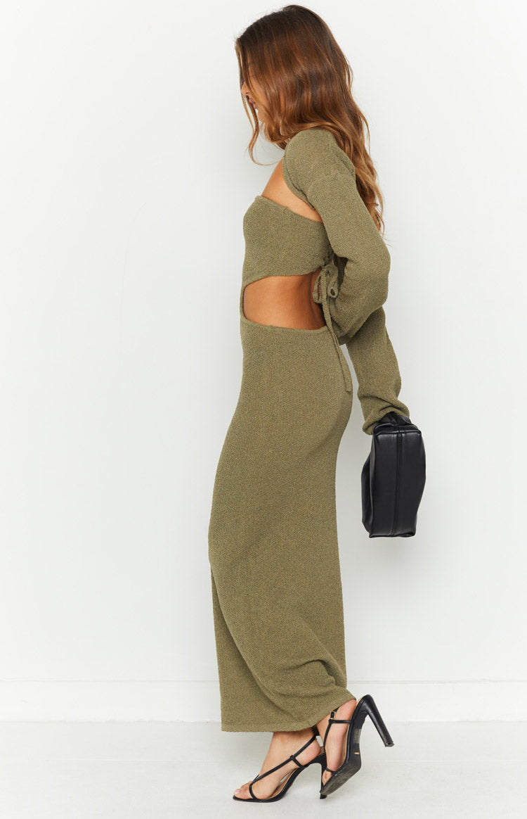 Alba Khaki Long Sleeve Knit Midi Dress Image