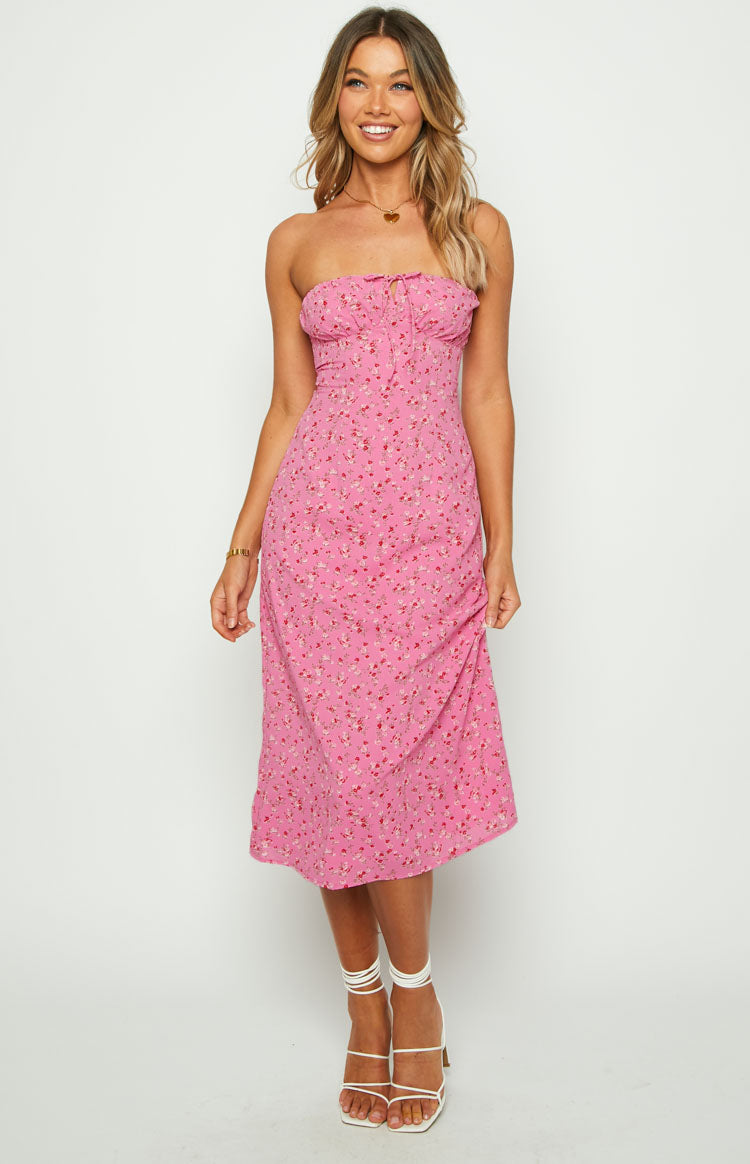 Collective Dress - Dion Pink Floral Strapless Midi Dress third image