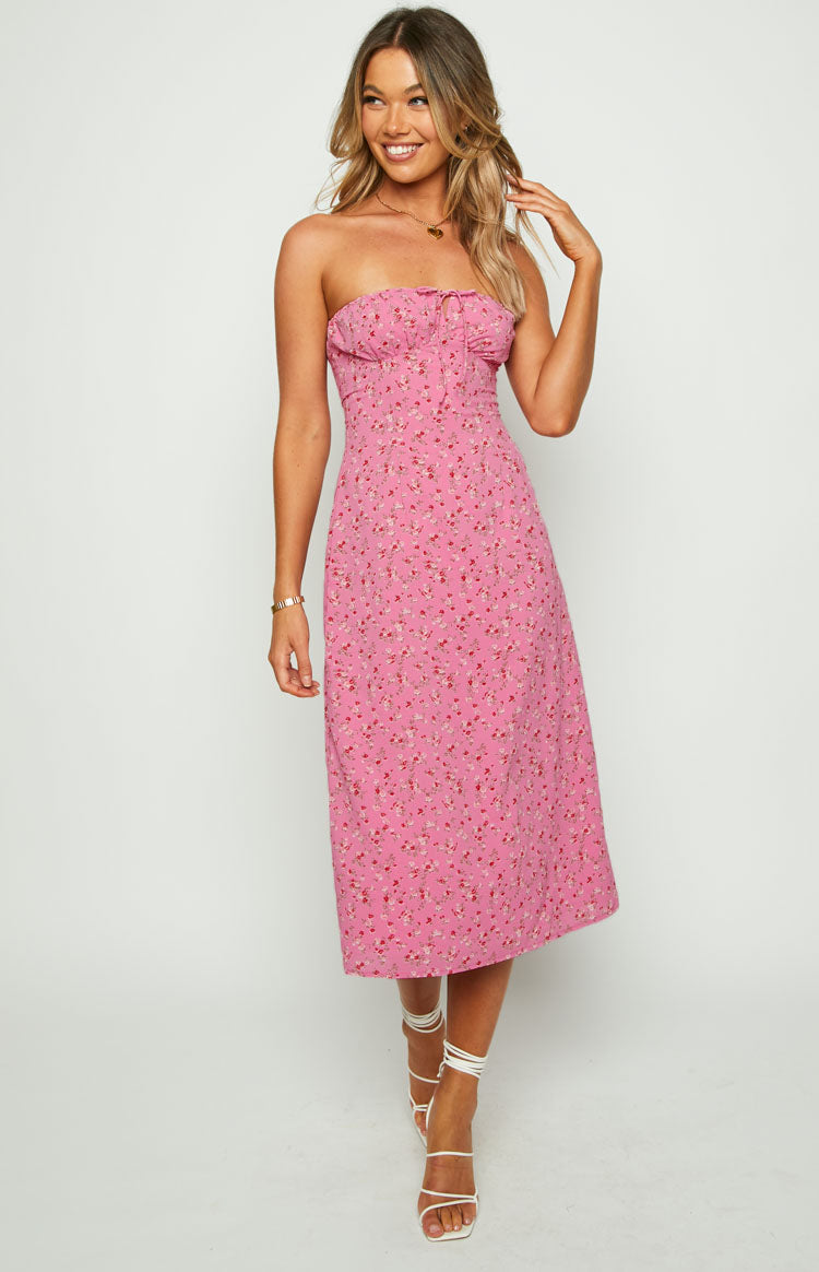 Collective Dress - Dion Pink Floral Strapless Midi Dress fourth image