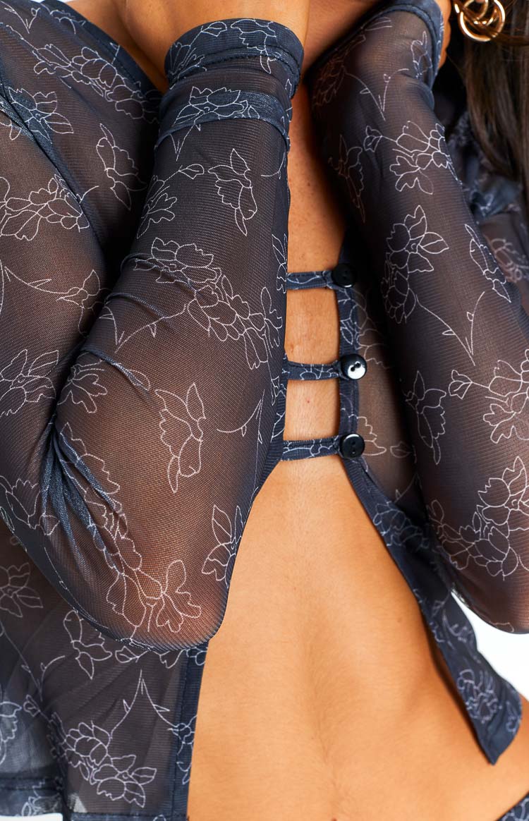 Georgia Black Print Mesh Top Image