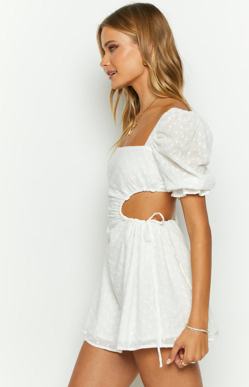 Leana White Broderie Mini Dress – Beginning Boutique