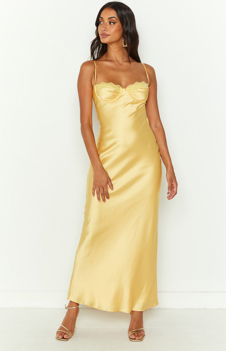 Shop Formal Dress - Mariana Yellow Lace Bust Midi Dress sixth image