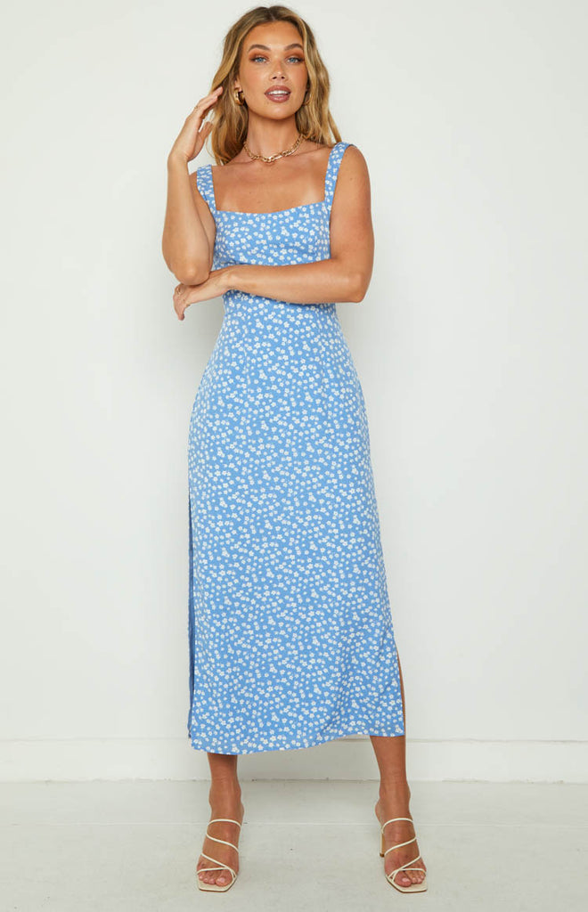 Nataliah Blue Floral Midi Dress – Beginning Boutique